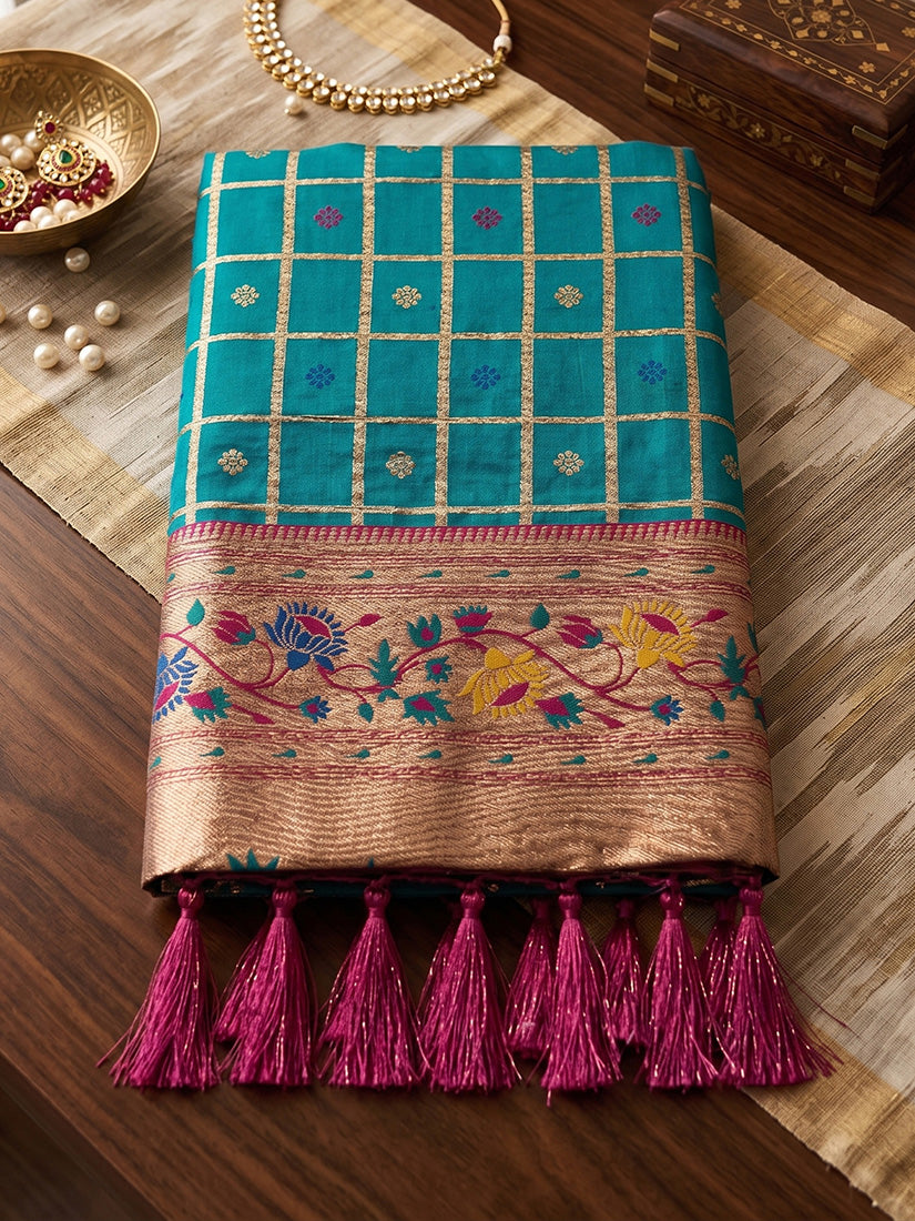 Monjolika Fashion Aqua Blue Banarasi Silk Blend Saree With Paithani Floral Pallu
