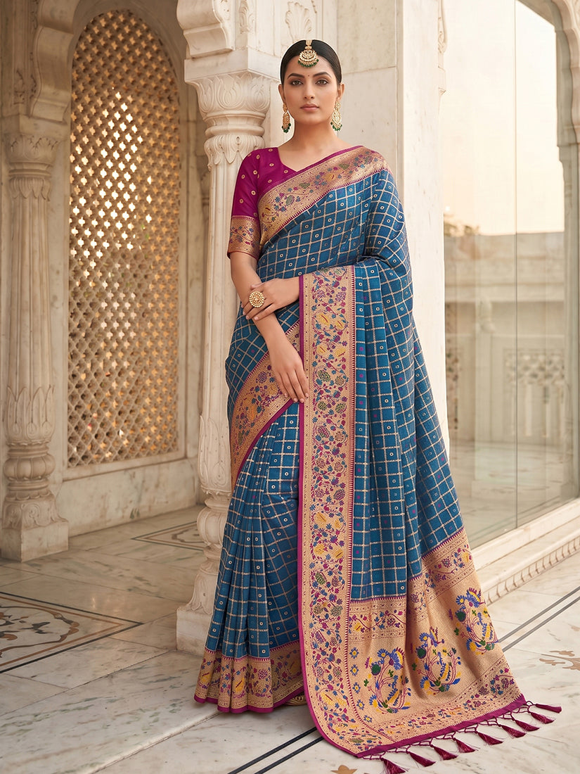 Monjolika Fashion Steel Blue Banarasi Silk Blend Saree With Paithani Floral Pallu