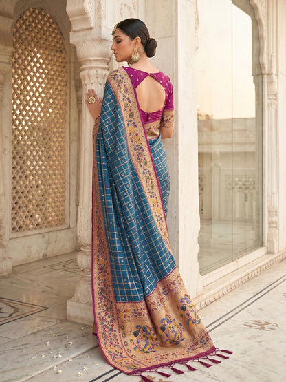 Monjolika Fashion Steel Blue Banarasi Silk Blend Saree With Paithani Floral Pallu