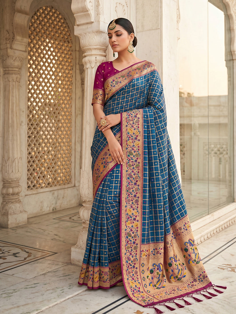 Monjolika Fashion Steel Blue Banarasi Silk Blend Saree With Paithani Floral Pallu