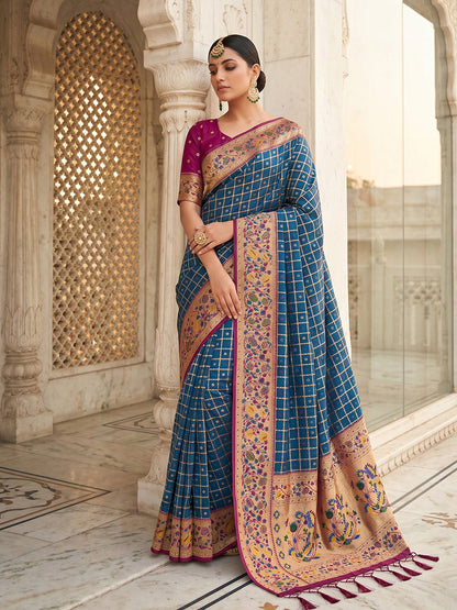 Monjolika Fashion Steel Blue Banarasi Silk Blend Saree With Paithani Floral Pallu