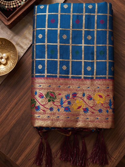 Monjolika Fashion Steel Blue Banarasi Silk Blend Saree With Paithani Floral Pallu
