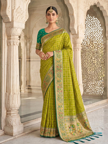 Monjolika Fashion Olive Green Banarasi Silk Blend Saree With Paithani Floral Pallu