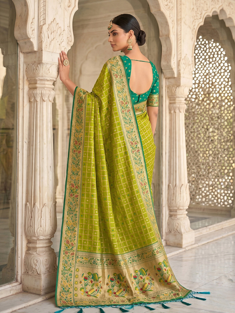 Monjolika Fashion Olive Green Banarasi Silk Blend Saree With Paithani Floral Pallu