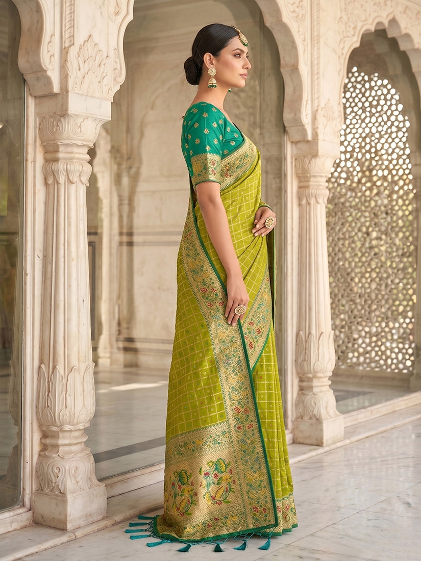 Monjolika Fashion Olive Green Banarasi Silk Blend Saree With Paithani Floral Pallu