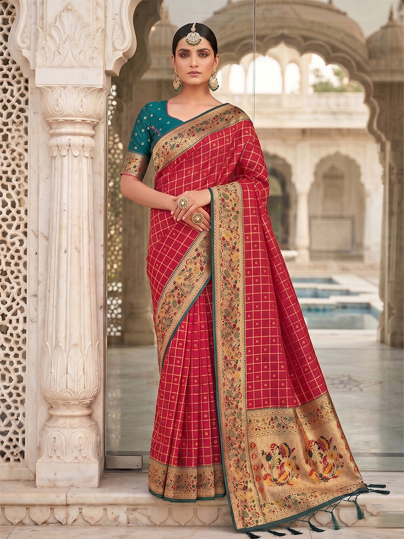 Monjolika Fashion Red Banarasi Silk Blend Saree With Paithani Floral Pallu