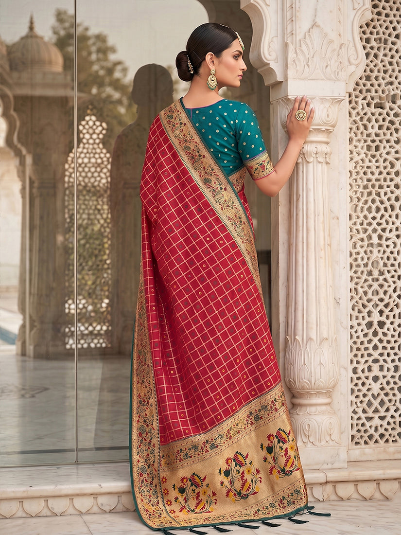 Monjolika Fashion Red Banarasi Silk Blend Saree With Paithani Floral Pallu