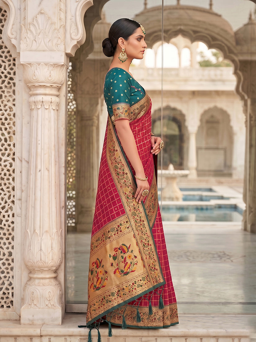 Monjolika Fashion Red Banarasi Silk Blend Saree With Paithani Floral Pallu