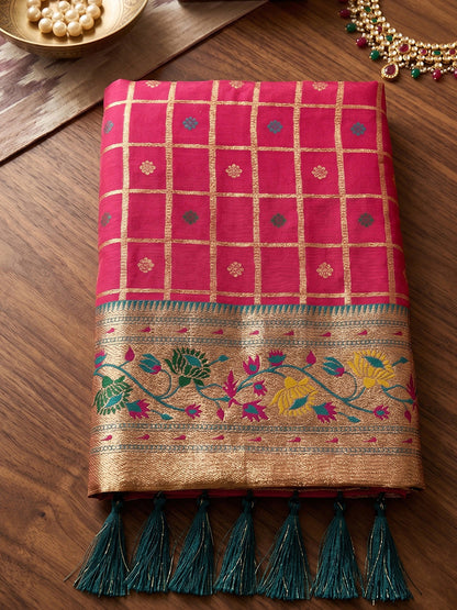 Monjolika Fashion Red Banarasi Silk Blend Saree With Paithani Floral Pallu