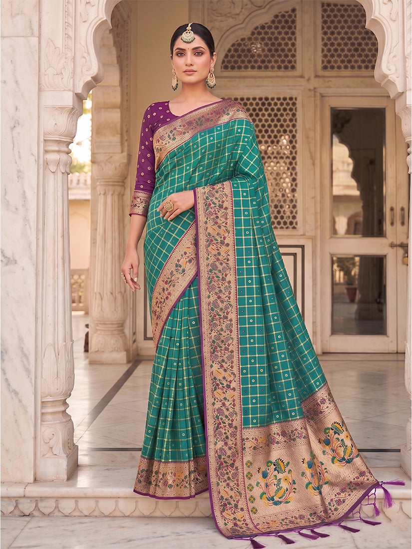 Monjolika Fashion Teal Banarasi Silk Blend Saree With Paithani Floral Pallu