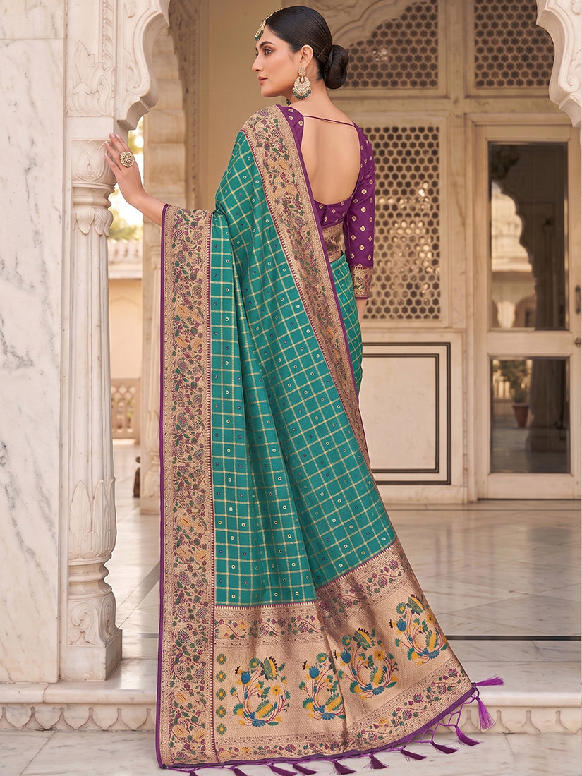 Monjolika Fashion Teal Banarasi Silk Blend Saree With Paithani Floral Pallu