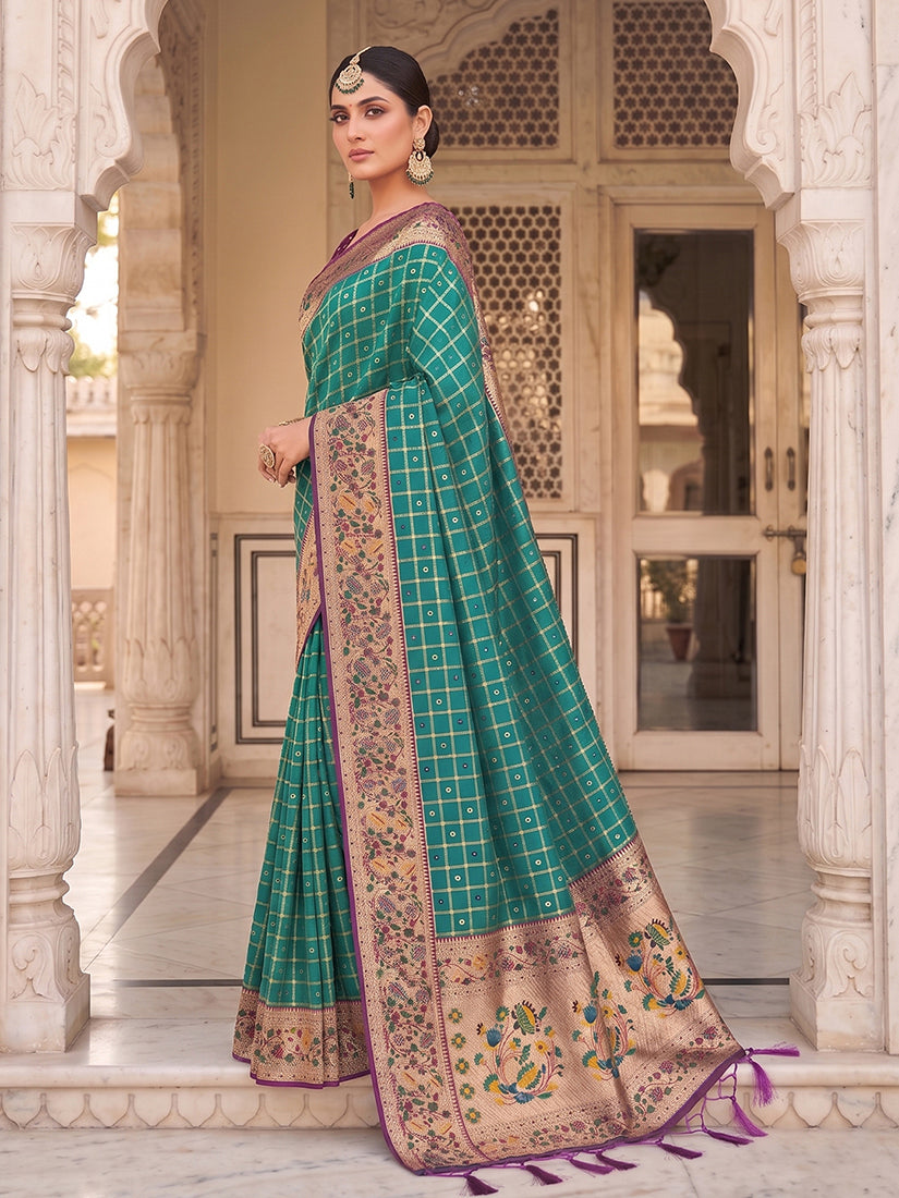 Monjolika Fashion Teal Banarasi Silk Blend Saree With Paithani Floral Pallu