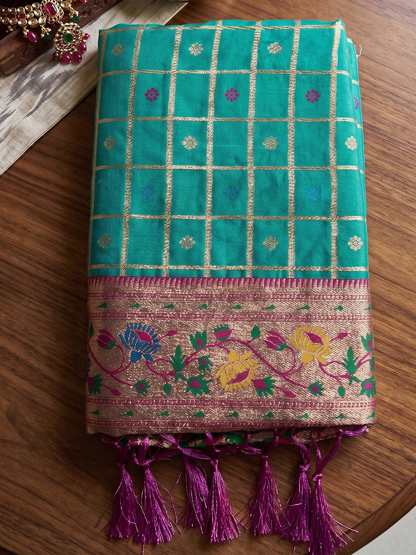 Monjolika Fashion Teal Banarasi Silk Blend Saree With Paithani Floral Pallu