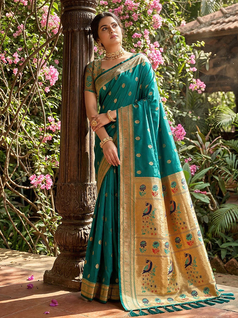 Monjolika Fashion Teal Banarasi Silk Blend Saree With Peacock Paithani Border