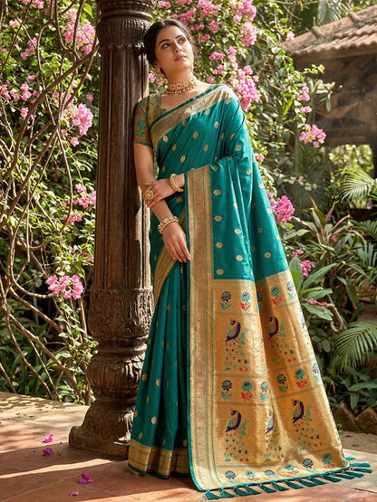 Monjolika Fashion Teal Banarasi Silk Blend Saree With Peacock Paithani Border