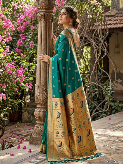 Monjolika Fashion Teal Banarasi Silk Blend Saree With Peacock Paithani Border