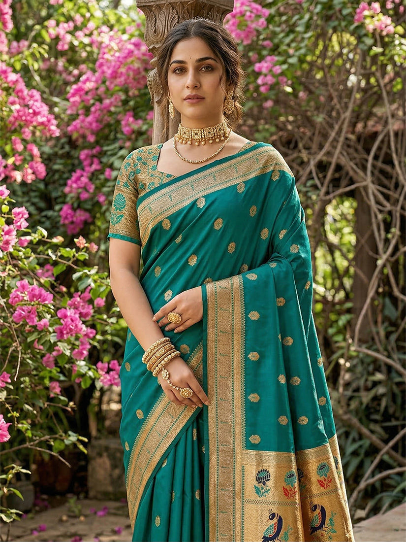 Monjolika Fashion Teal Banarasi Silk Blend Saree With Peacock Paithani Border