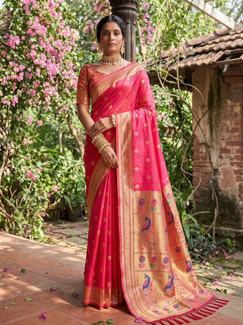 Monjolika Fashion Rani Pink Banarasi Silk Blend Saree With Peacock Paithani Border