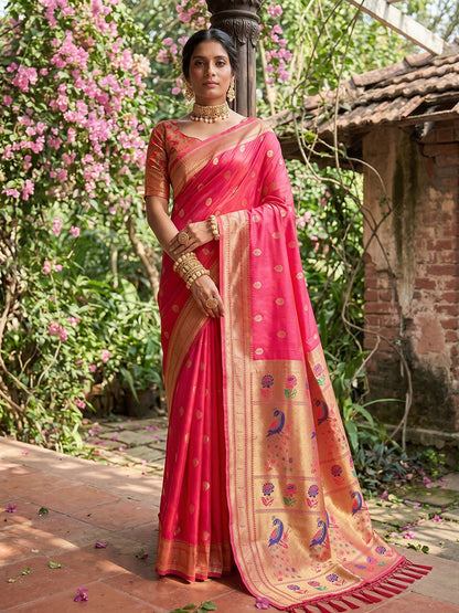 Monjolika Fashion Rani Pink Banarasi Silk Blend Saree With Peacock Paithani Border