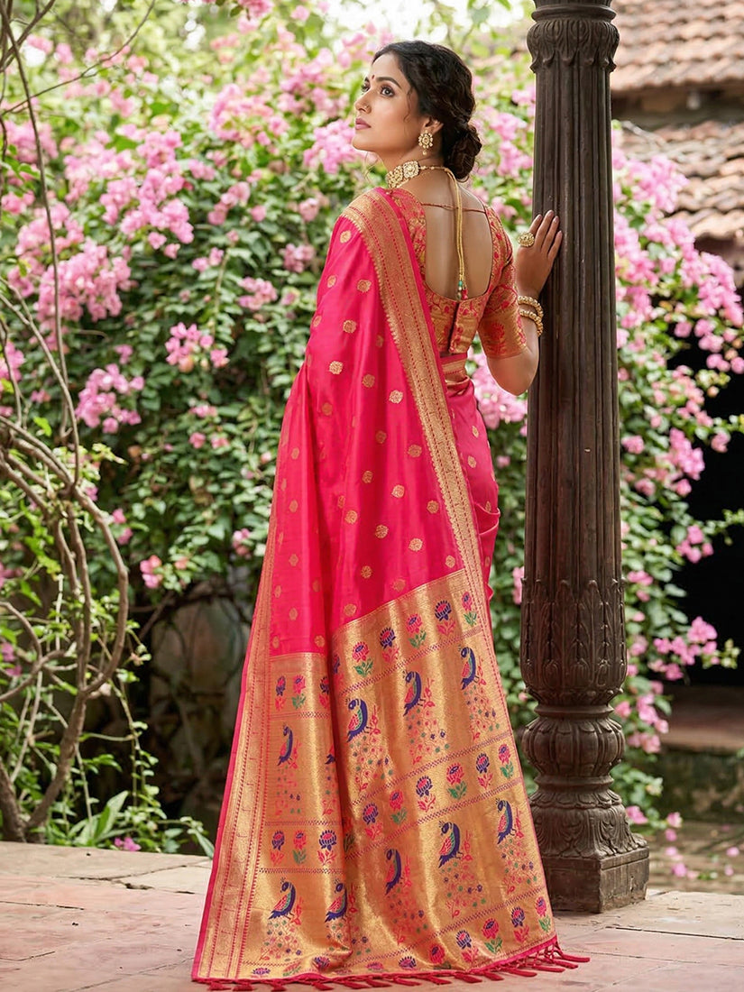 Monjolika Fashion Rani Pink Banarasi Silk Blend Saree With Peacock Paithani Border