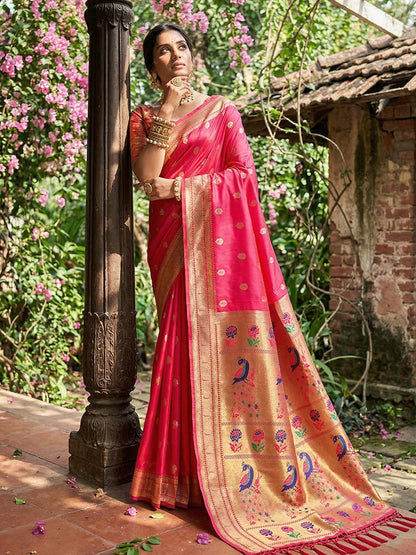 Monjolika Fashion Rani Pink Banarasi Silk Blend Saree With Peacock Paithani Border