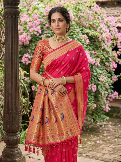 Monjolika Fashion Rani Pink Banarasi Silk Blend Saree With Peacock Paithani Border