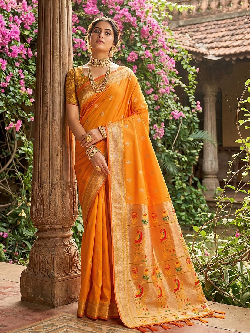 Monjolika Fashion Orange Banarasi Silk Blend Saree With Peacock Paithani Border
