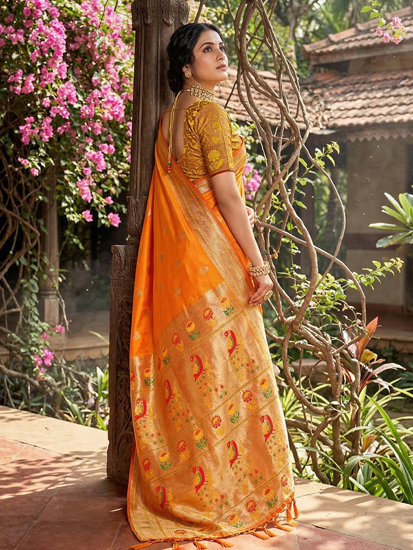 Monjolika Fashion Orange Banarasi Silk Blend Saree With Peacock Paithani Border