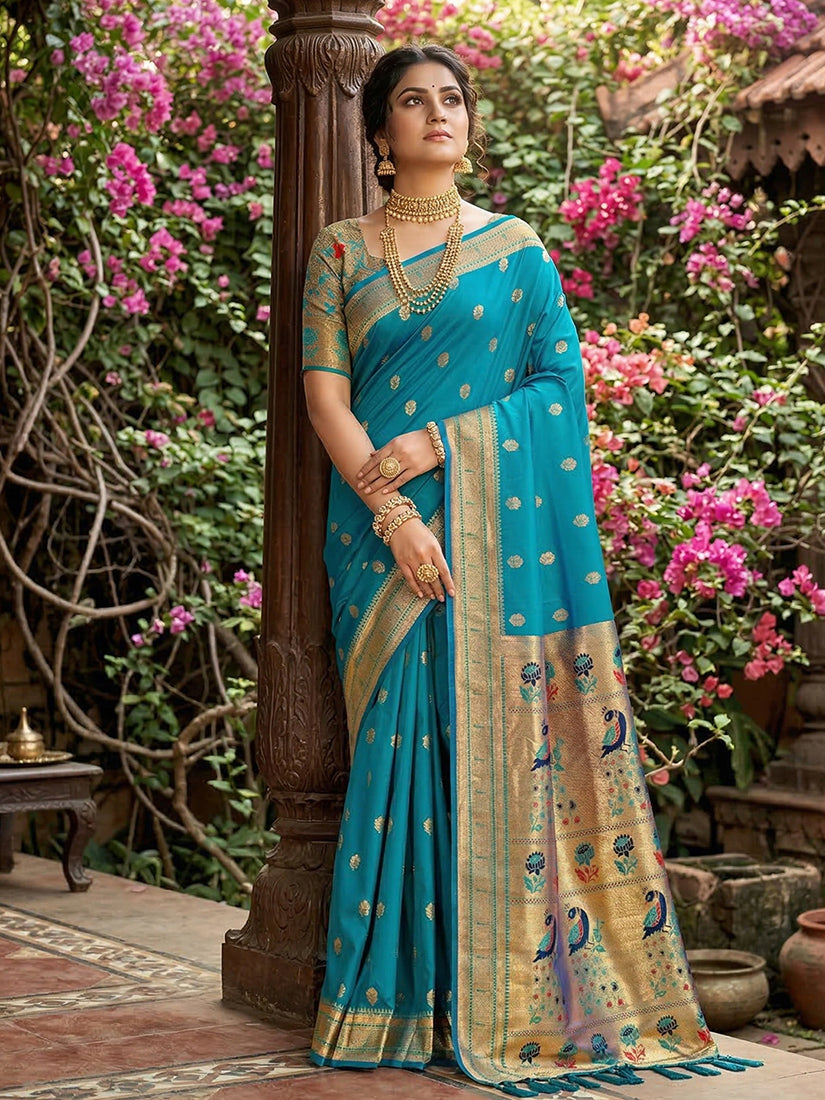 Monjolika Fashion Aqua Blue Banarasi Silk Blend Saree With Peacock Paithani Border