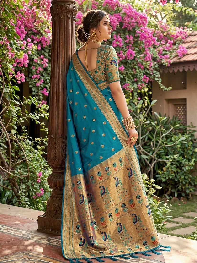 Monjolika Fashion Aqua Blue Banarasi Silk Blend Saree With Peacock Paithani Border