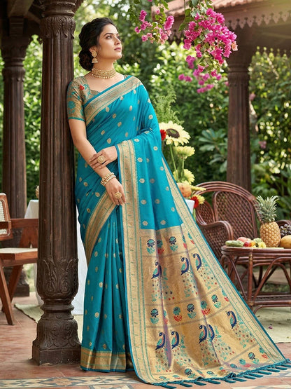 Monjolika Fashion Aqua Blue Banarasi Silk Blend Saree With Peacock Paithani Border