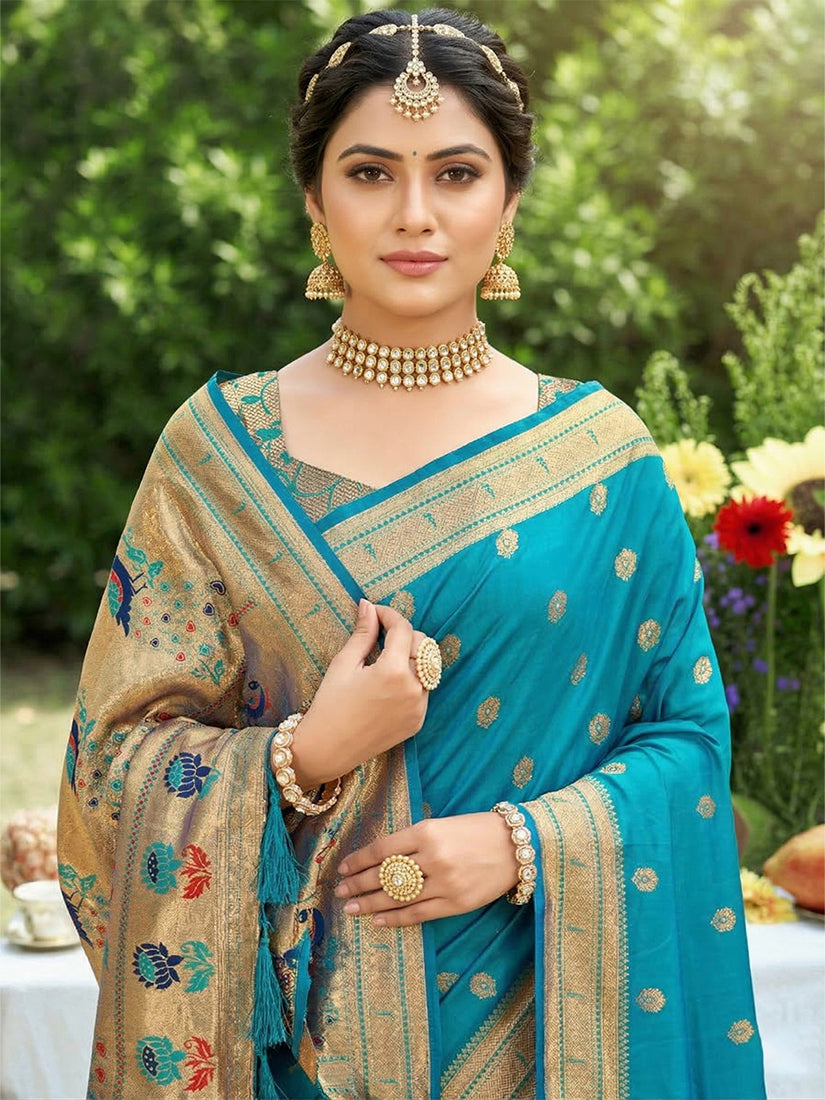 Monjolika Fashion Aqua Blue Banarasi Silk Blend Saree With Peacock Paithani Border