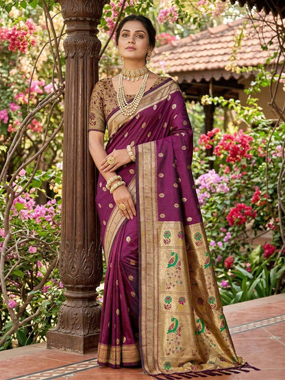 Monjolika Fashion Wine Banarasi Silk Blend Saree With Peacock Paithani Border
