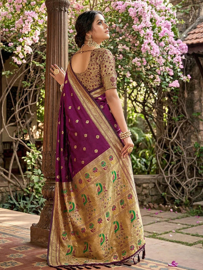 Monjolika Fashion Wine Banarasi Silk Blend Saree With Peacock Paithani Border