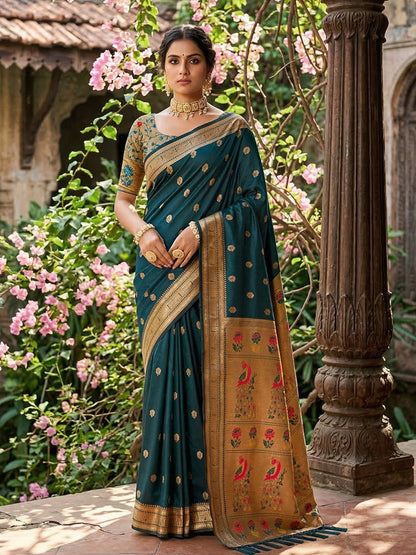 Monjolika Fashion Dark Teal Banarasi Silk Blend Saree With Peacock Paithani Border
