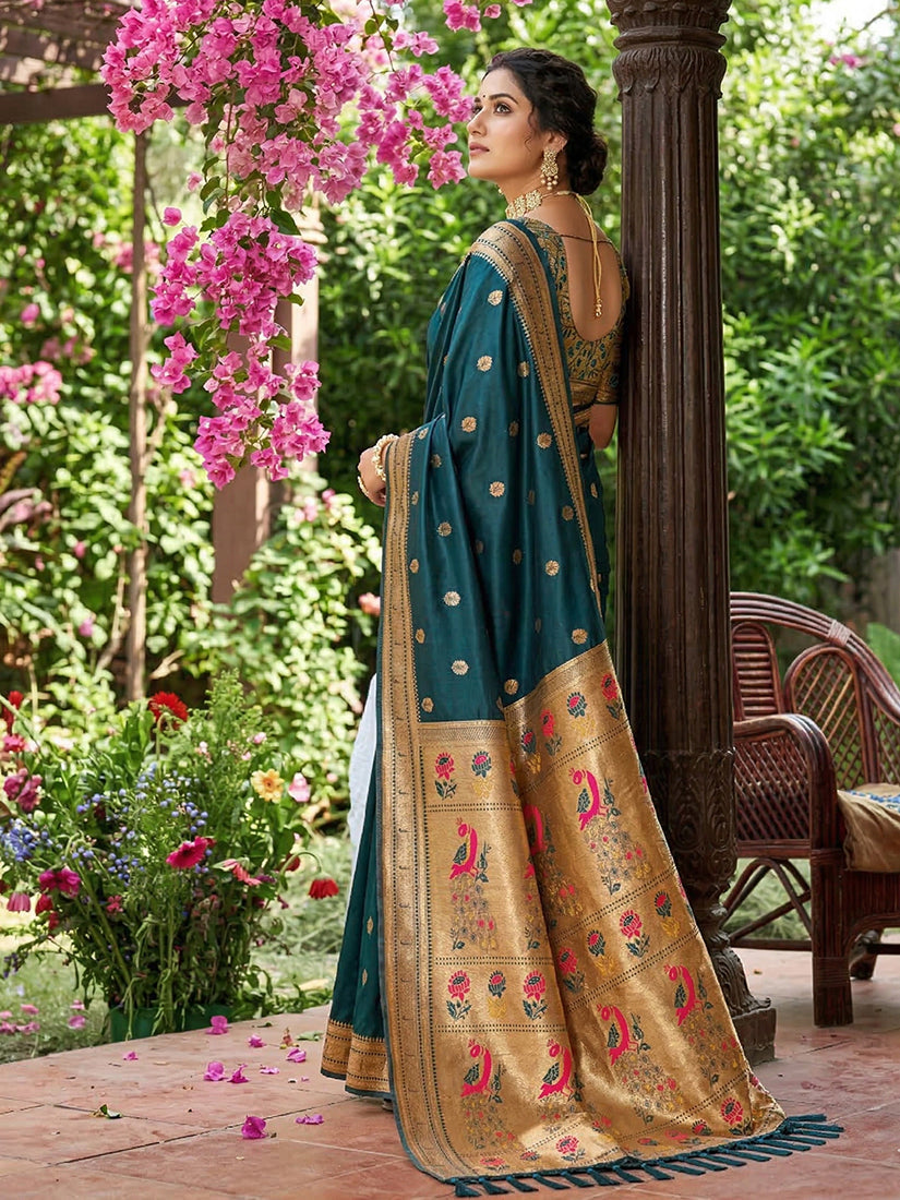 Monjolika Fashion Dark Teal Banarasi Silk Blend Saree With Peacock Paithani Border