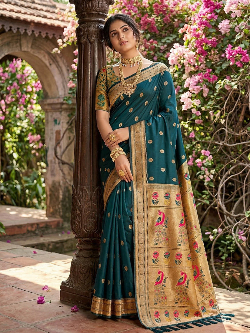 Monjolika Fashion Dark Teal Banarasi Silk Blend Saree With Peacock Paithani Border