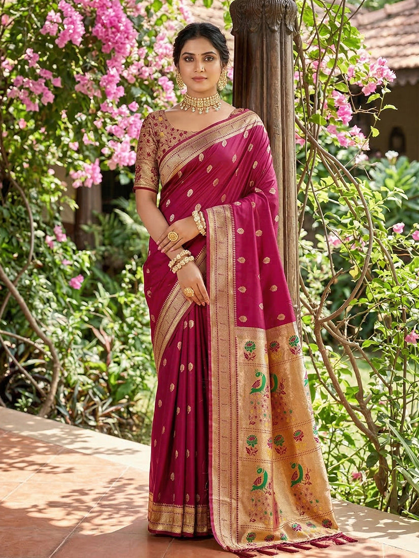 Monjolika Fashion Dark Magenta Banarasi Silk Blend Saree With Peacock Paithani Border