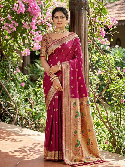 Monjolika Fashion Dark Magenta Banarasi Silk Blend Saree With Peacock Paithani Border