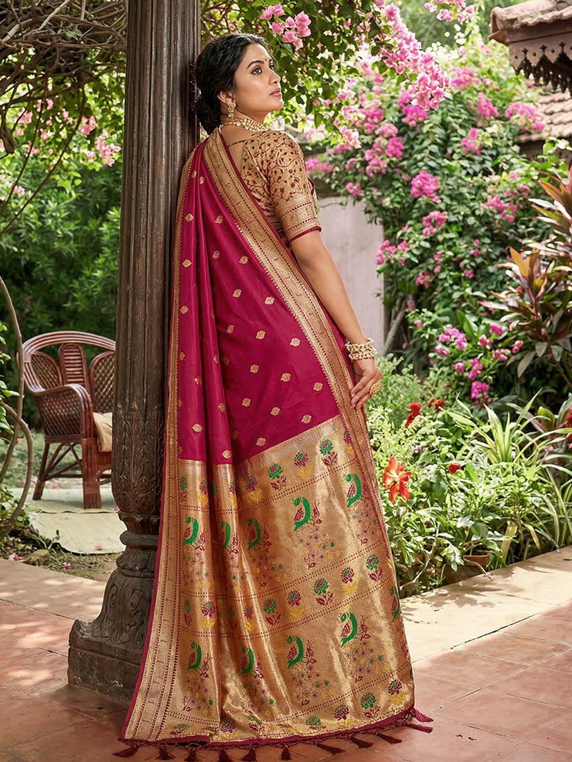 Monjolika Fashion Dark Magenta Banarasi Silk Blend Saree With Peacock Paithani Border