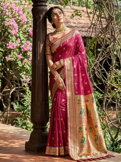 Monjolika Fashion Dark Magenta Banarasi Silk Blend Saree With Peacock Paithani Border