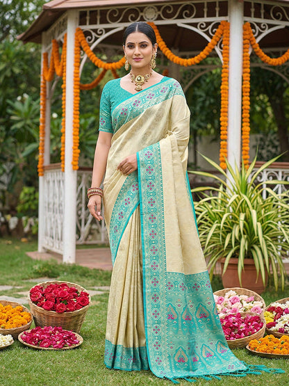 Monjolika Fashion Cream Banarasi Silk Blend Saree with Aqua Blue Zari Woven Border