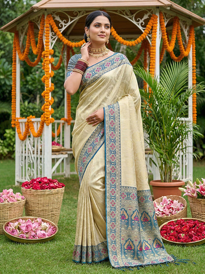 Monjolika Fashion Cream Banarasi Silk Blend Saree with Blue Zari Woven Border