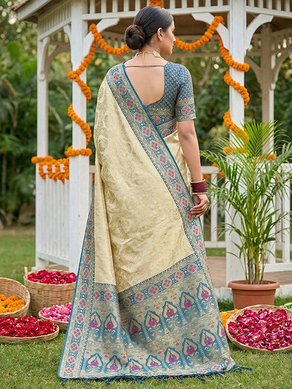 Monjolika Fashion Cream Banarasi Silk Blend Saree with Blue Zari Woven Border