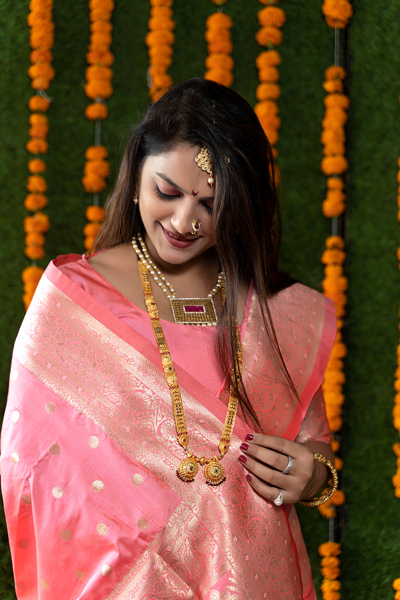 Monjolika Fashion Baby Pink Woven Banarasi Silk Blend Saree With Blouse