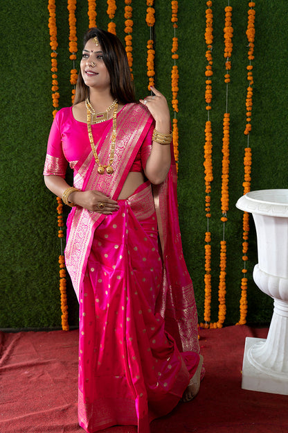 Monjolika Fashion Rani Pink Woven Banarasi Silk Blend Saree With Blouse