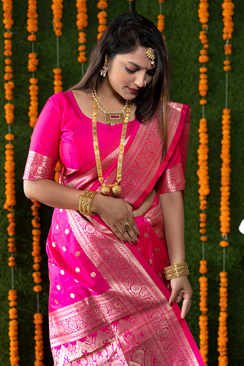 Monjolika Fashion Rani Pink Woven Banarasi Silk Blend Saree With Blouse