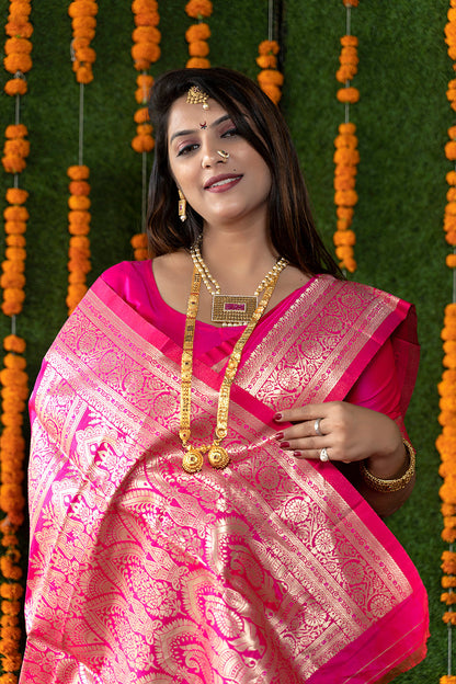 Monjolika Fashion Rani Pink Woven Banarasi Silk Blend Saree With Blouse