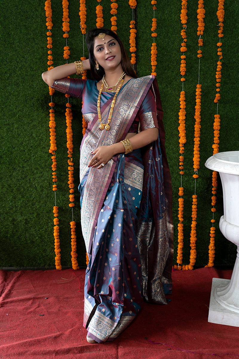 Monjolika Fashion Steel Grey Woven Banarasi Silk Blend Saree With Blouse
