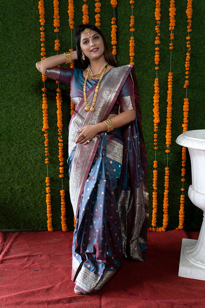 Monjolika Fashion Steel Grey Woven Banarasi Silk Blend Saree With Blouse